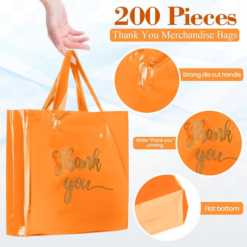 Teling 200 Pcs Thanks Bags with Handle Bulk Thank You Merchandise Bags 3 Size Plastic Packet Retail Shopping Package for Boutique 9 x 12'', 12 x 15'', 15 x 18''(Orange) - Image 2